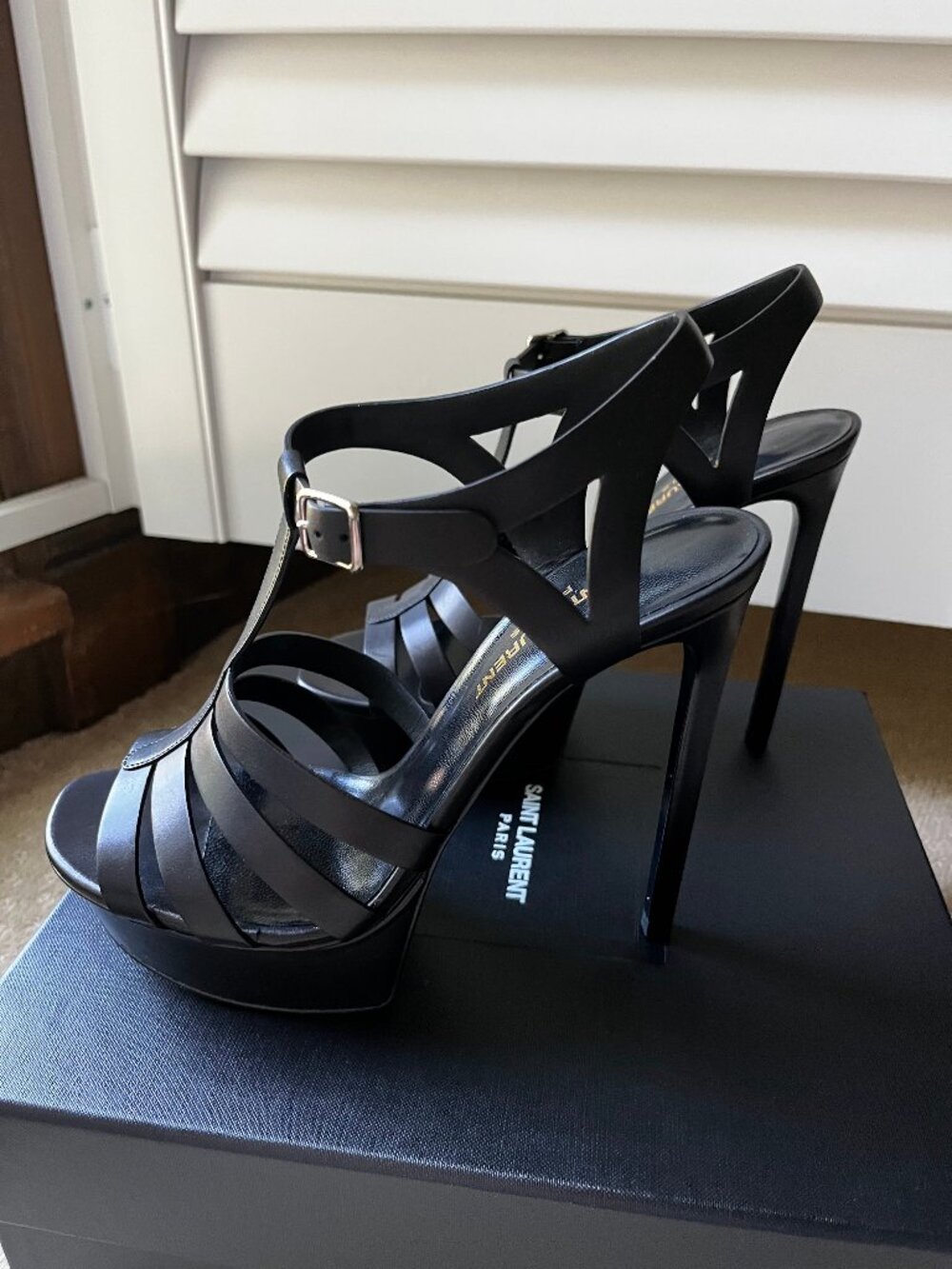 Saint Laurent Black Tribute T-Strap Platform Sandals Sz 37